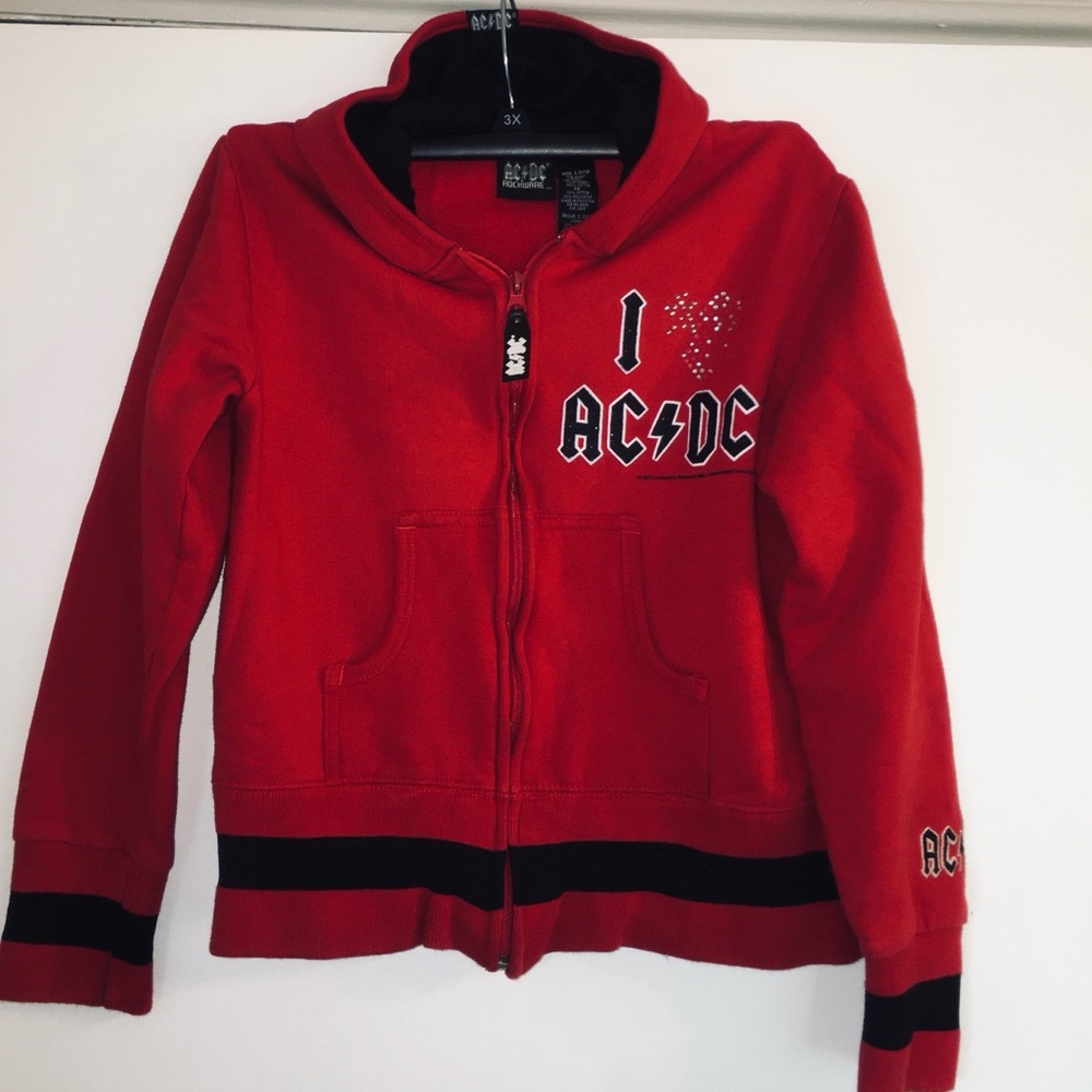 AC/DC Kids Hoodie in Bold Red Size 11/13 Zip-Up Logos Pockets Cuffs Fleece Lined